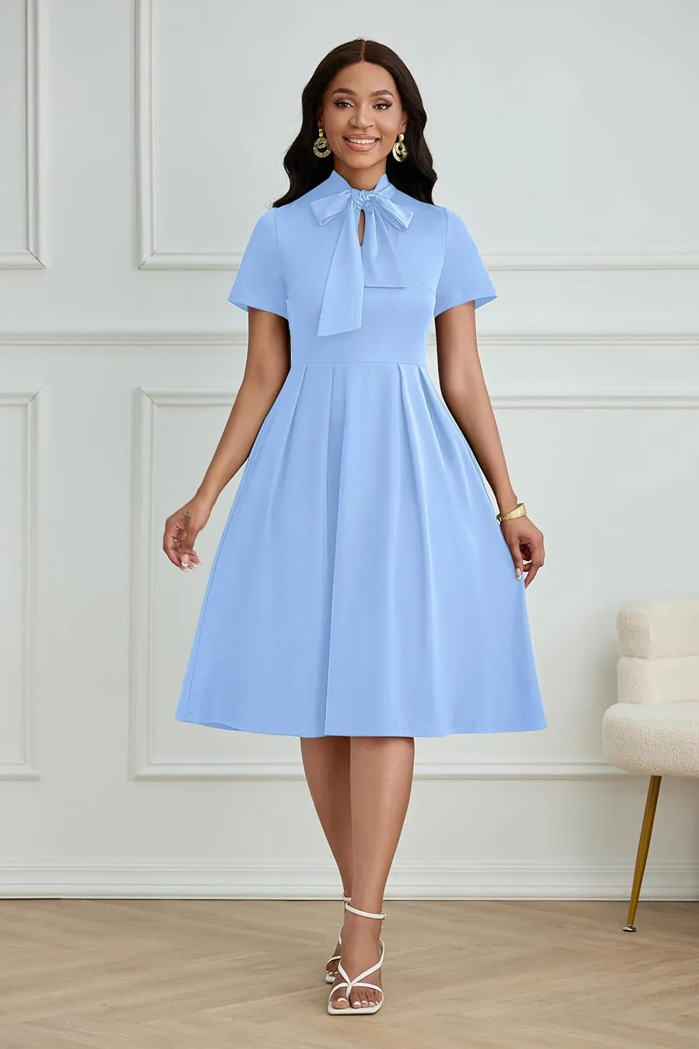 FANDEE Women's Elegant Casual Short Sleeve A-line Semi Formal Fit and Flare Dress Classy Tie Neck Work Party Dresses