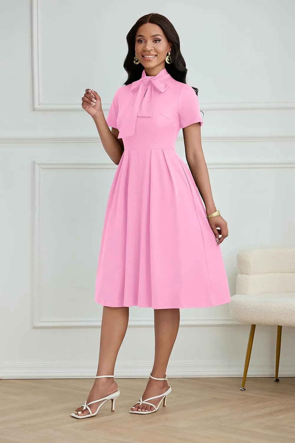 FANDEE Women's Elegant Casual Short Sleeve A-line Semi Formal Fit and Flare Dress Classy Tie Neck Work Party Dresses