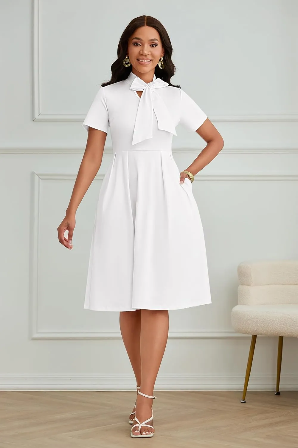 FANDEE Women's Elegant Casual Short Sleeve A-line Semi Formal Fit and Flare Dress Classy Tie Neck Work Party Dresses