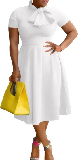 FANDEE Women's Elegant Casual Short Sleeve A-line Semi Formal Fit and Flare Dress Classy Tie Neck Work Party Dresses