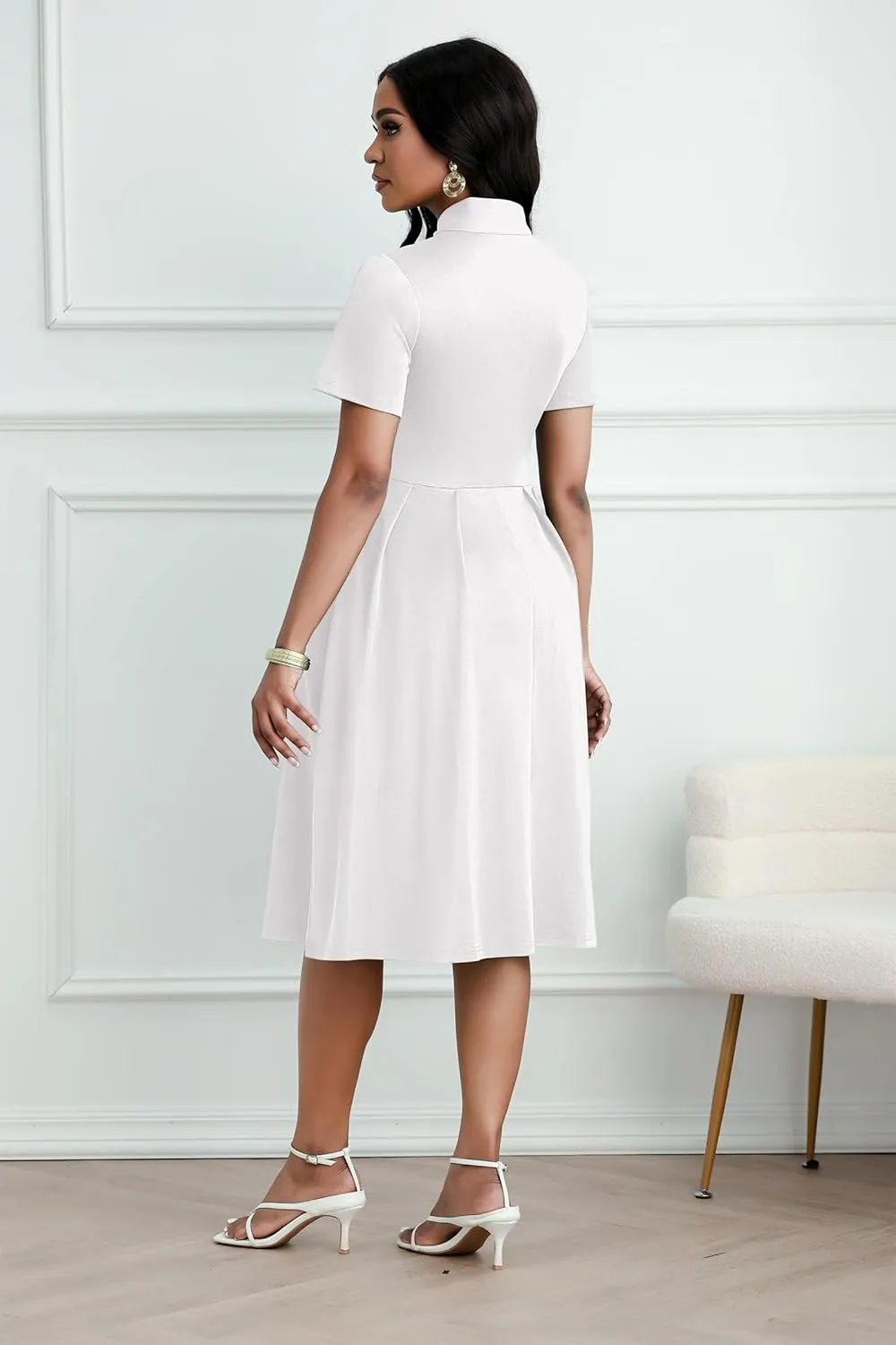 FANDEE Women's Elegant Casual Short Sleeve A-line Semi Formal Fit and Flare Dress Classy Tie Neck Work Party Dresses