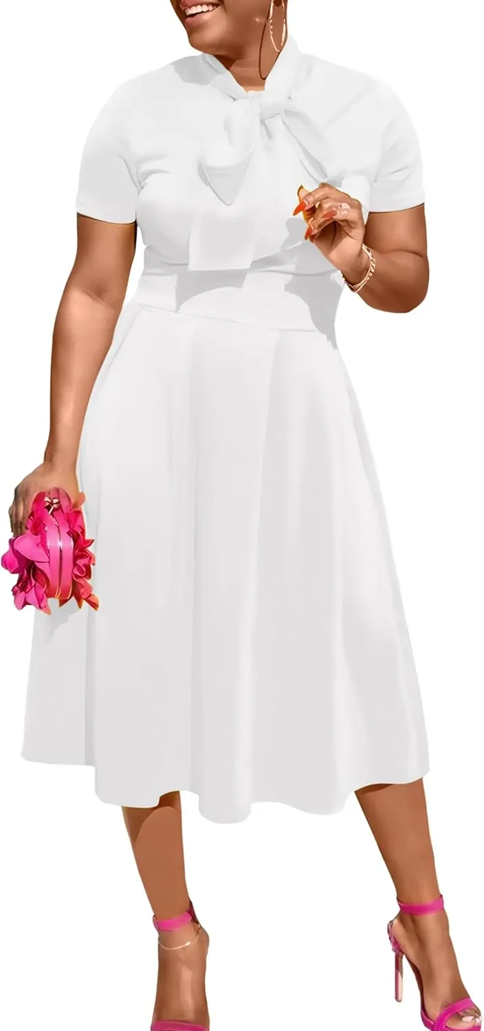 FANDEE Women's Elegant Casual Short Sleeve A-line Semi Formal Fit and Flare Dress Classy Tie Neck Work Party Dresses