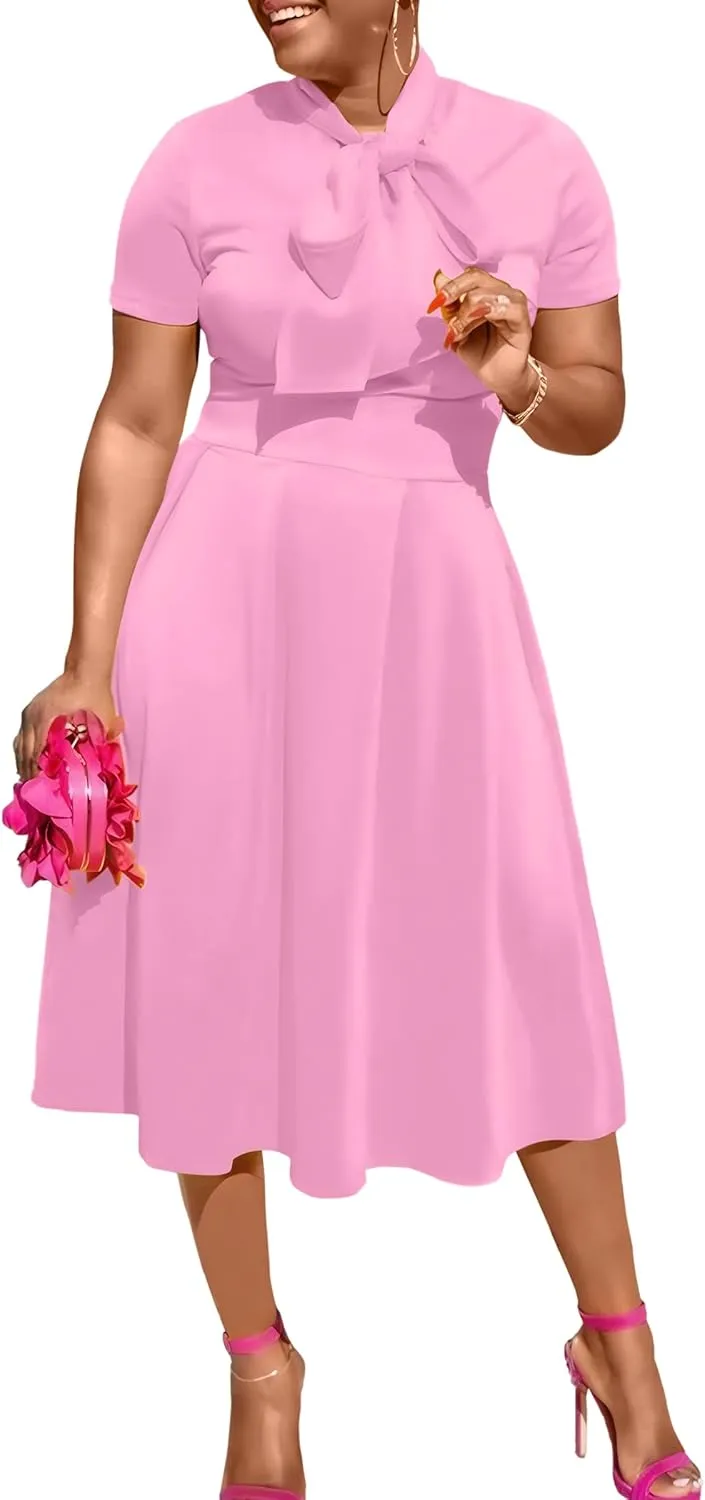 FANDEE Women's Elegant Casual Short Sleeve A-line Semi Formal Fit and Flare Dress Classy Tie Neck Work Party Dresses