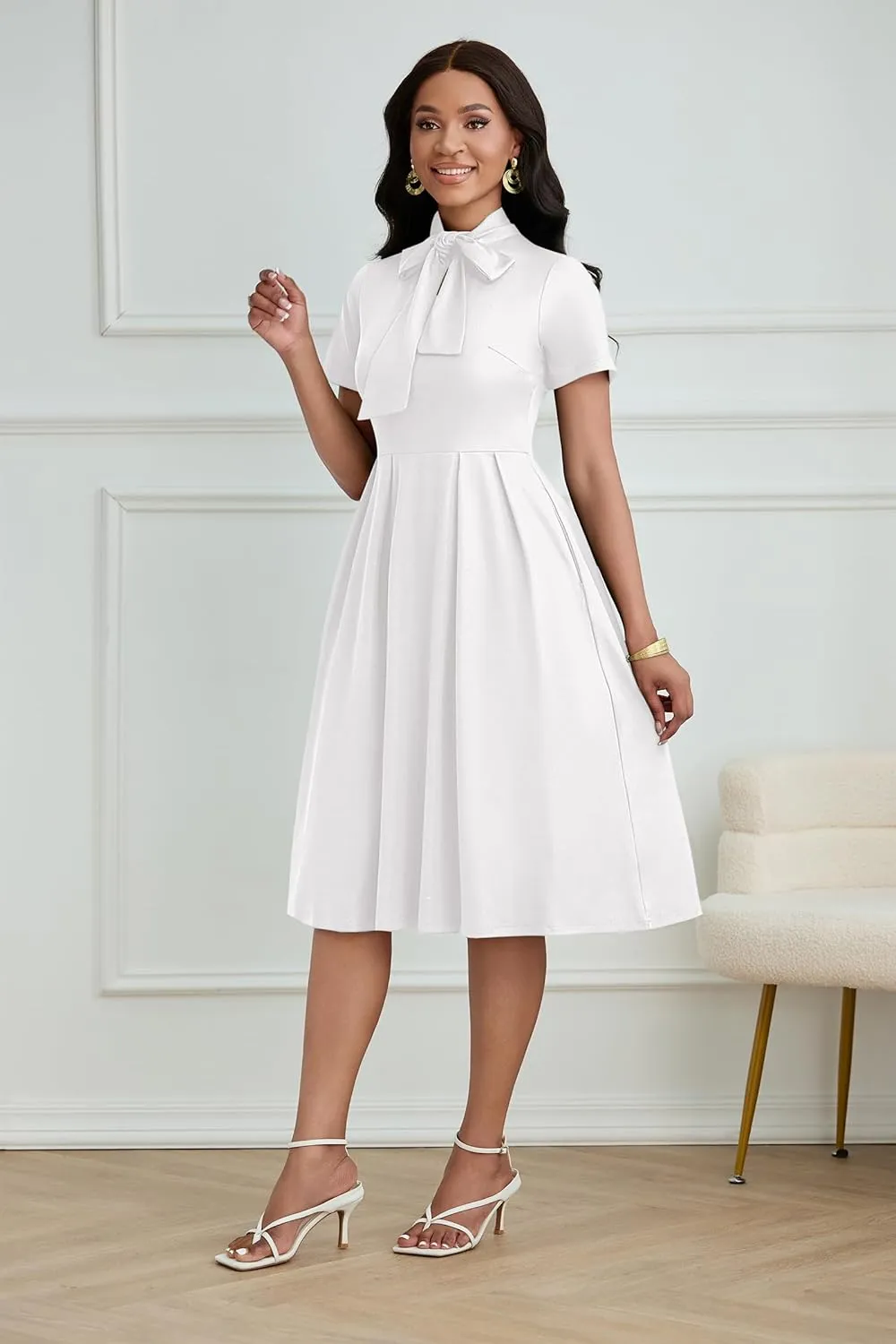FANDEE Women's Elegant Casual Short Sleeve A-line Semi Formal Fit and Flare Dress Classy Tie Neck Work Party Dresses