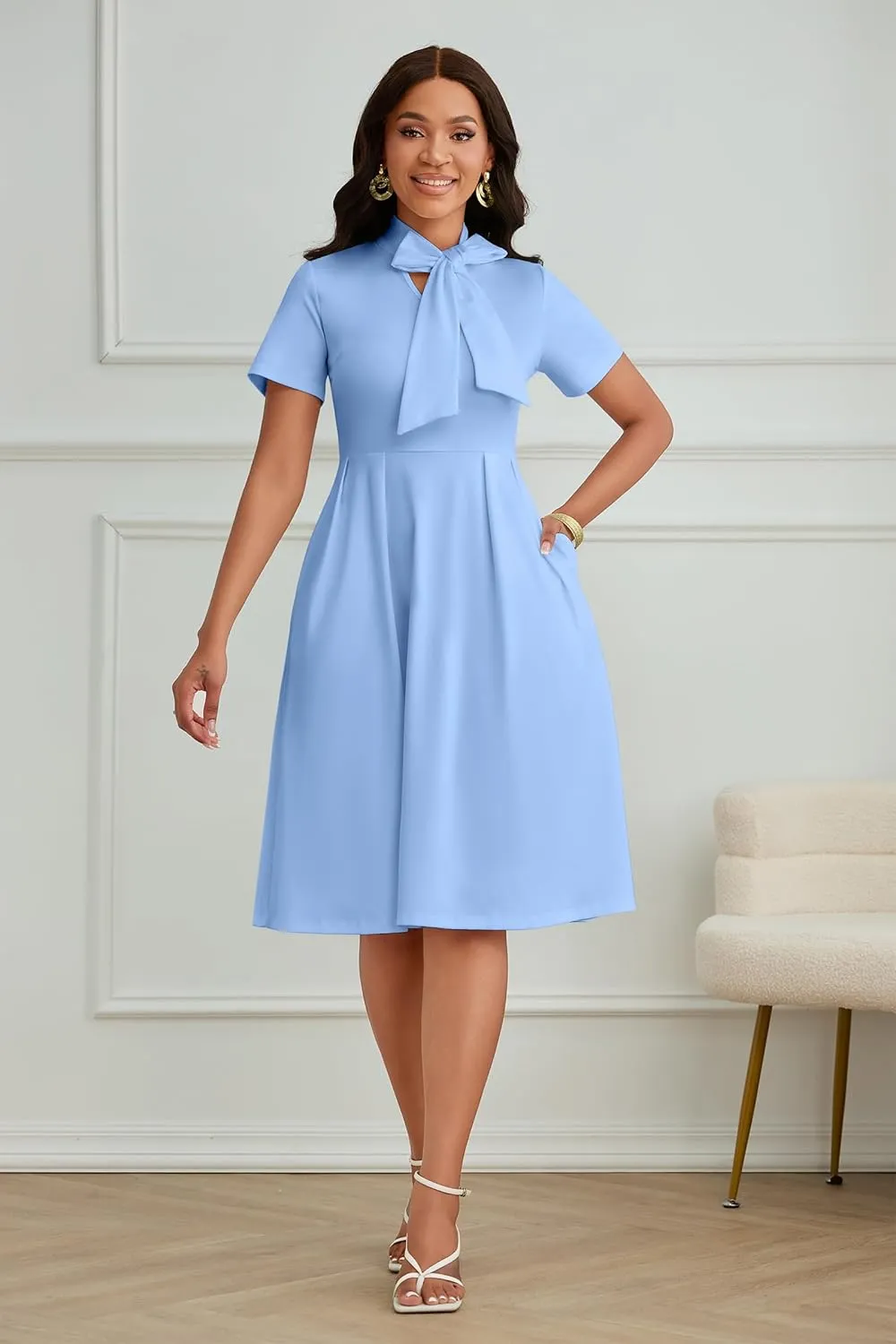FANDEE Women's Elegant Casual Short Sleeve A-line Semi Formal Fit and Flare Dress Classy Tie Neck Work Party Dresses