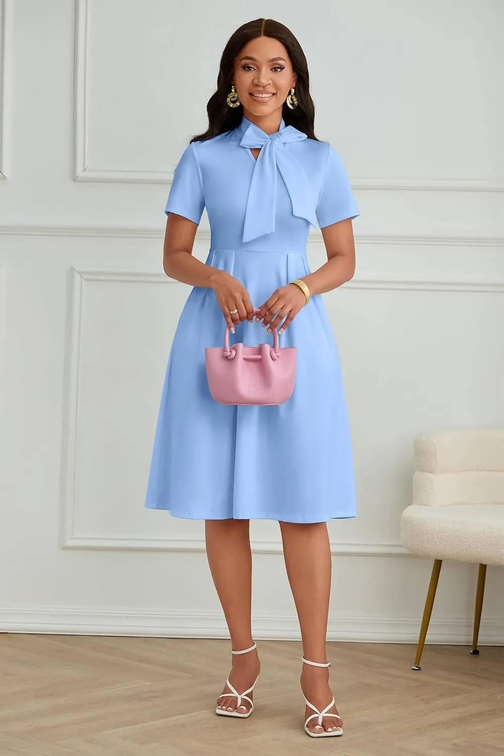 FANDEE Women's Elegant Casual Short Sleeve A-line Semi Formal Fit and Flare Dress Classy Tie Neck Work Party Dresses