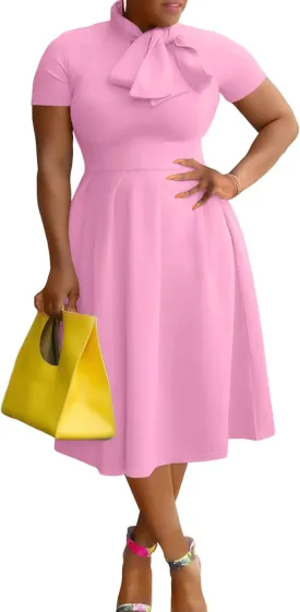 FANDEE Women's Elegant Casual Short Sleeve A-line Semi Formal Fit and Flare Dress Classy Tie Neck Work Party Dresses
