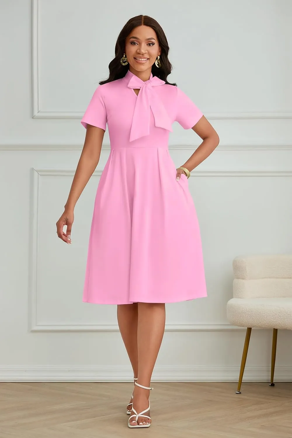 FANDEE Women's Elegant Casual Short Sleeve A-line Semi Formal Fit and Flare Dress Classy Tie Neck Work Party Dresses