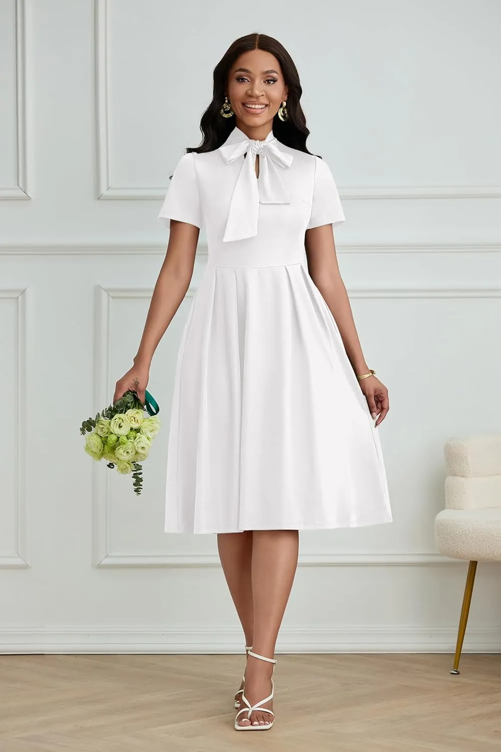 FANDEE Women's Elegant Casual Short Sleeve A-line Semi Formal Fit and Flare Dress Classy Tie Neck Work Party Dresses