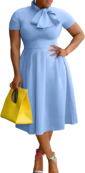 FANDEE Women's Elegant Casual Short Sleeve A-line Semi Formal Fit and Flare Dress Classy Tie Neck Work Party Dresses