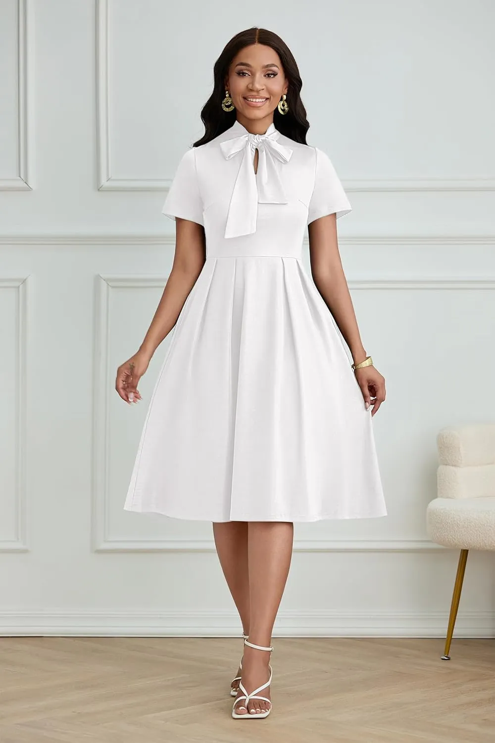 FANDEE Women's Elegant Casual Short Sleeve A-line Semi Formal Fit and Flare Dress Classy Tie Neck Work Party Dresses