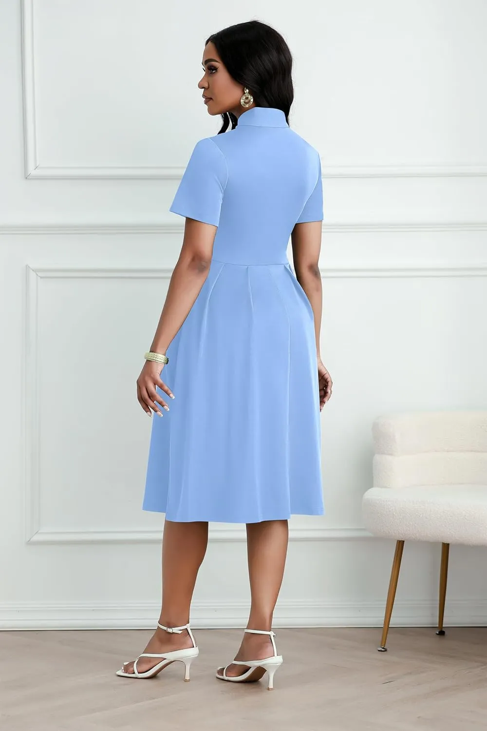 FANDEE Women's Elegant Casual Short Sleeve A-line Semi Formal Fit and Flare Dress Classy Tie Neck Work Party Dresses