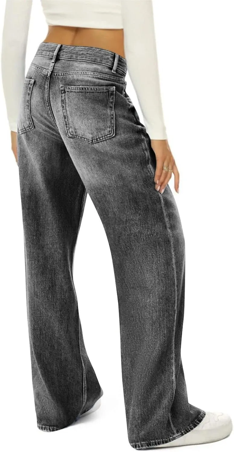 Flare Jeans for Women Vintage Wide Leg Boyfriend Baggy Stretchy High Waisted Denim Pants with Pockets
