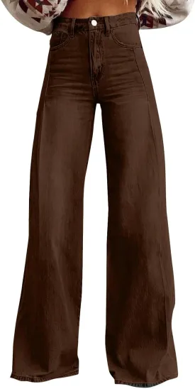 Flare Jeans for Women Vintage Wide Leg Boyfriend Baggy Stretchy High Waisted Denim Pants with Pockets