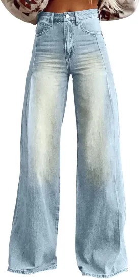 Flare Jeans for Women Vintage Wide Leg Boyfriend Baggy Stretchy High Waisted Denim Pants with Pockets