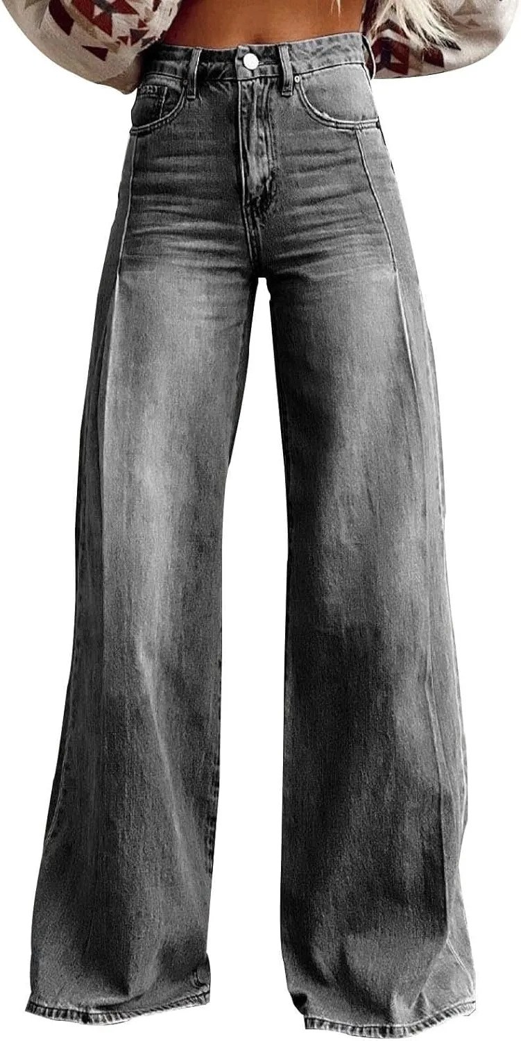 Flare Jeans for Women Vintage Wide Leg Boyfriend Baggy Stretchy High Waisted Denim Pants with Pockets