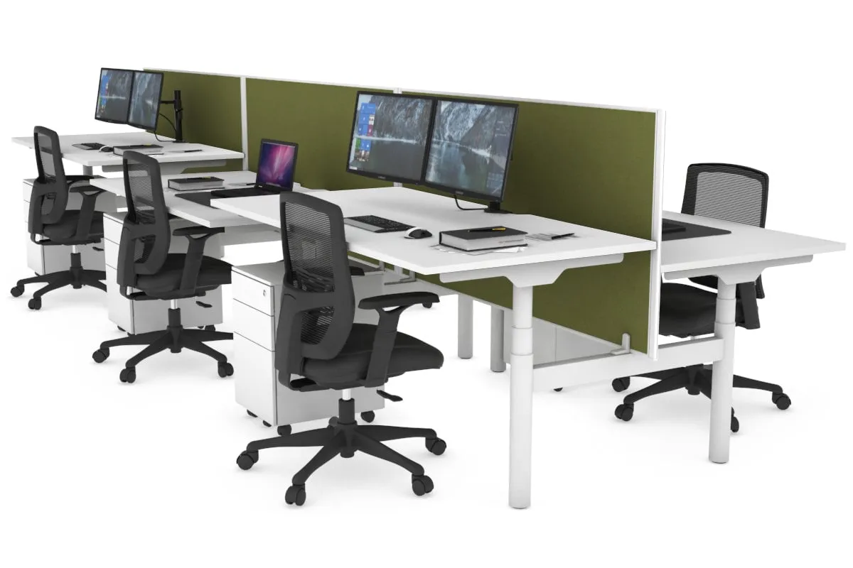 Flexi Premium Height Adjustable 6 Person H-Bench Workstation - White Frame [1600L x 800W with Cable Scallop]