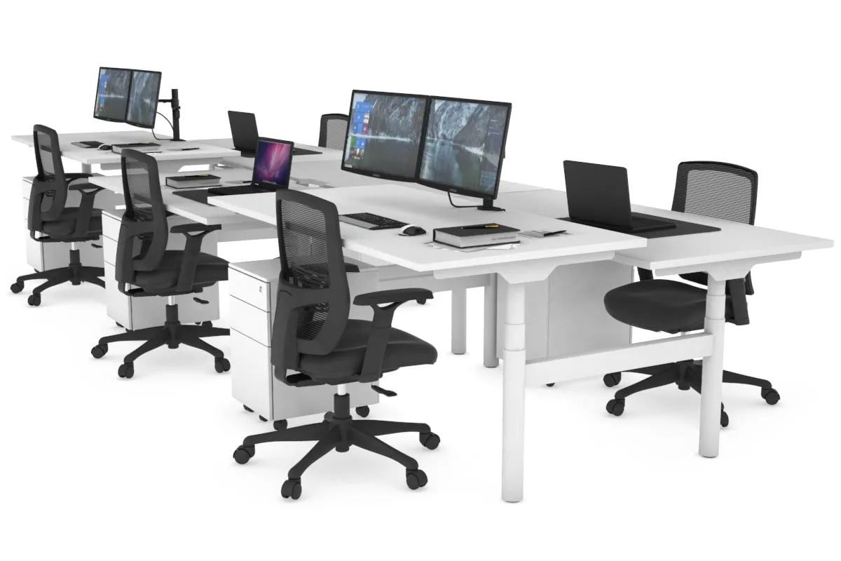Flexi Premium Height Adjustable 6 Person H-Bench Workstation - White Frame [1600L x 800W with Cable Scallop]