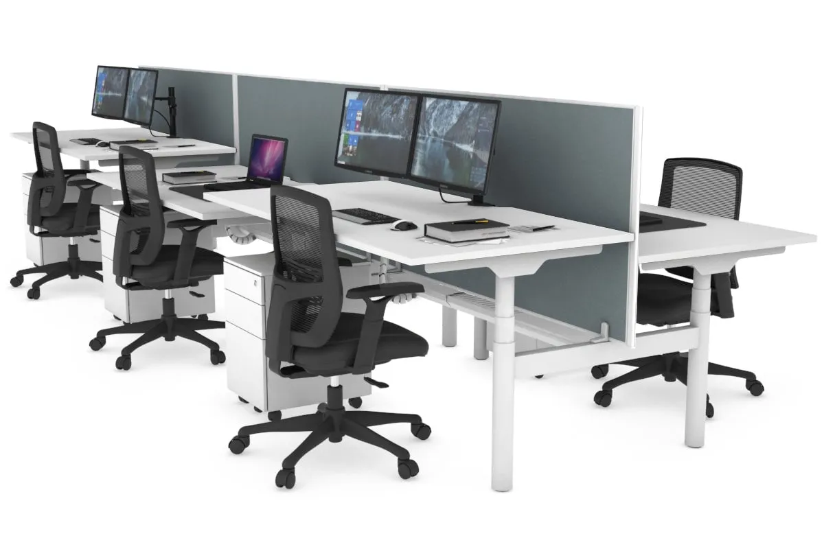 Flexi Premium Height Adjustable 6 Person H-Bench Workstation - White Frame [1600L x 800W with Cable Scallop]