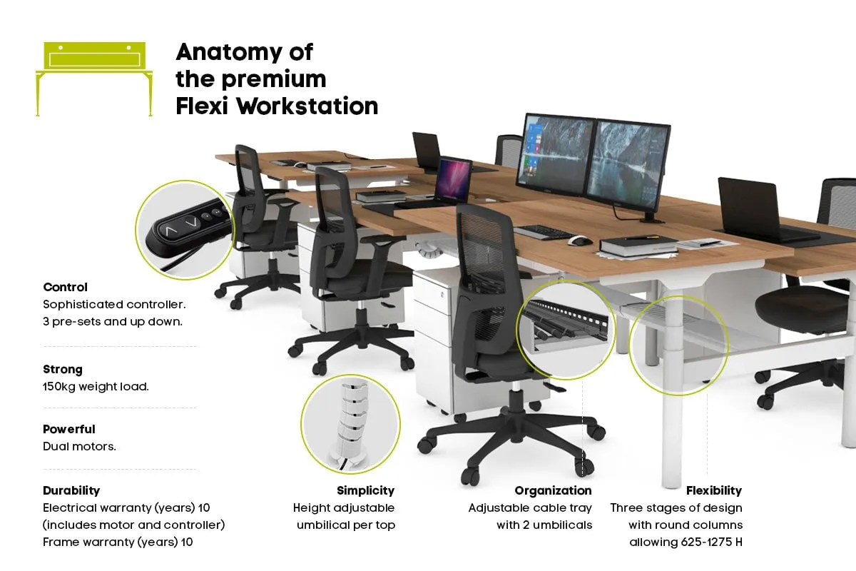Flexi Premium Height Adjustable 6 Person H-Bench Workstation - White Frame [1600L x 800W with Cable Scallop]