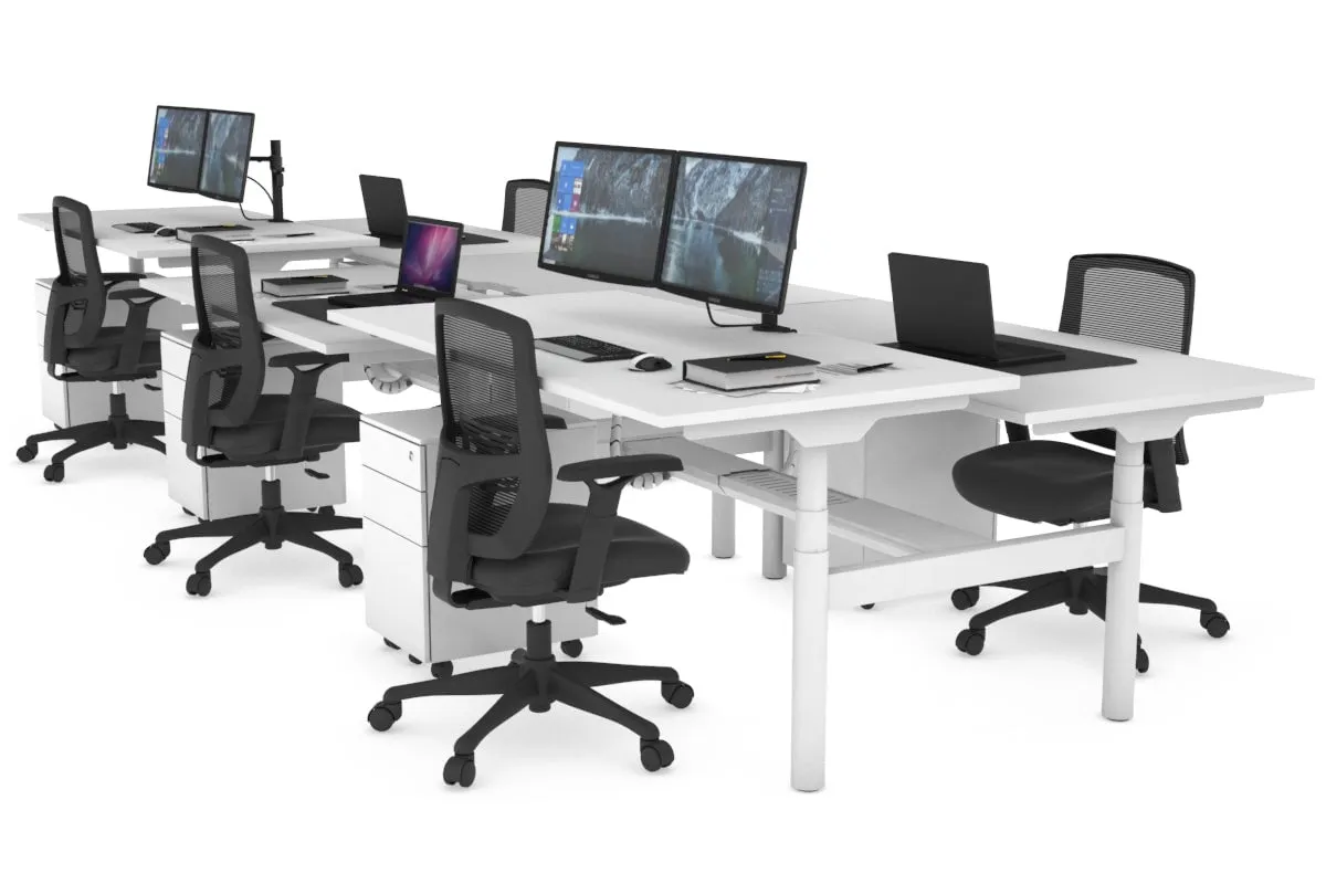 Flexi Premium Height Adjustable 6 Person H-Bench Workstation - White Frame [1600L x 800W with Cable Scallop]