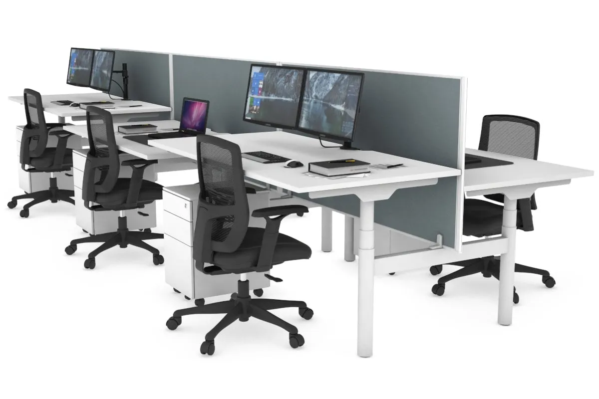 Flexi Premium Height Adjustable 6 Person H-Bench Workstation - White Frame [1600L x 800W with Cable Scallop]