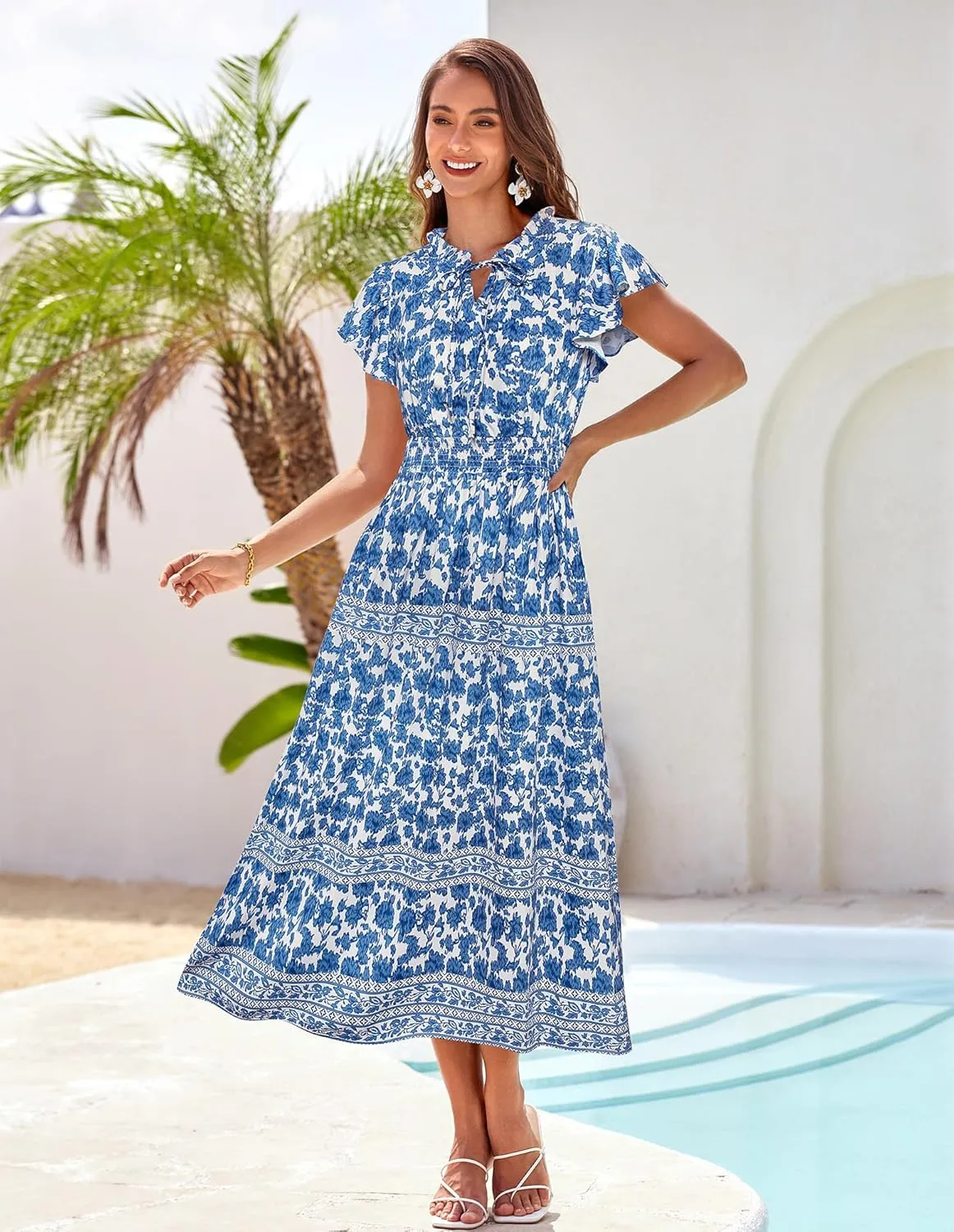 GRACE KARIN Women's Floral Boho Dress Hawaiian Dresse Short Sleeve V Neck Summer Beach Wedding Guest Swing Maxi Sundress