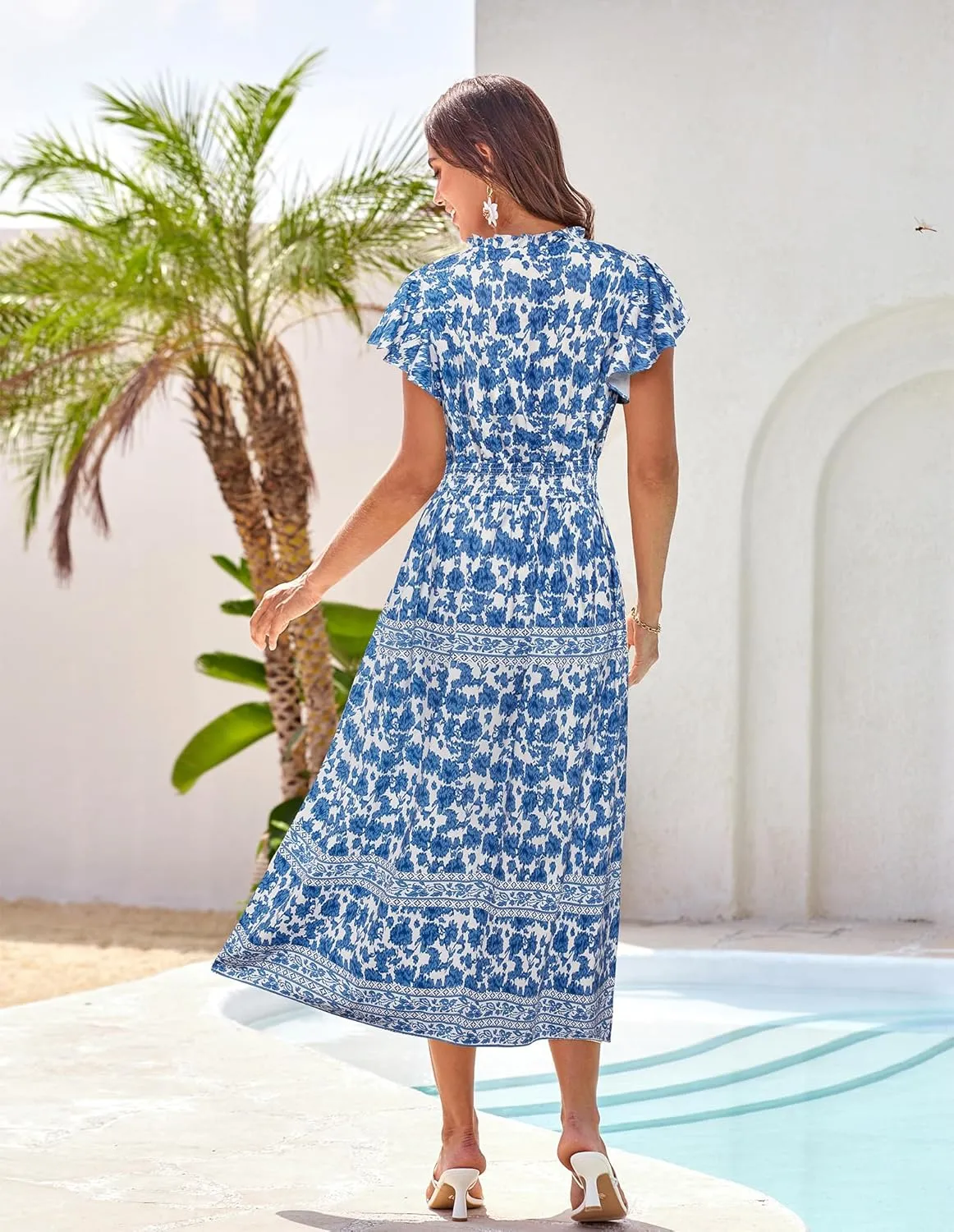 GRACE KARIN Women's Floral Boho Dress Hawaiian Dresse Short Sleeve V Neck Summer Beach Wedding Guest Swing Maxi Sundress