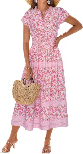 GRACE KARIN Women's Floral Boho Dress Hawaiian Dresse Short Sleeve V Neck Summer Beach Wedding Guest Swing Maxi Sundress