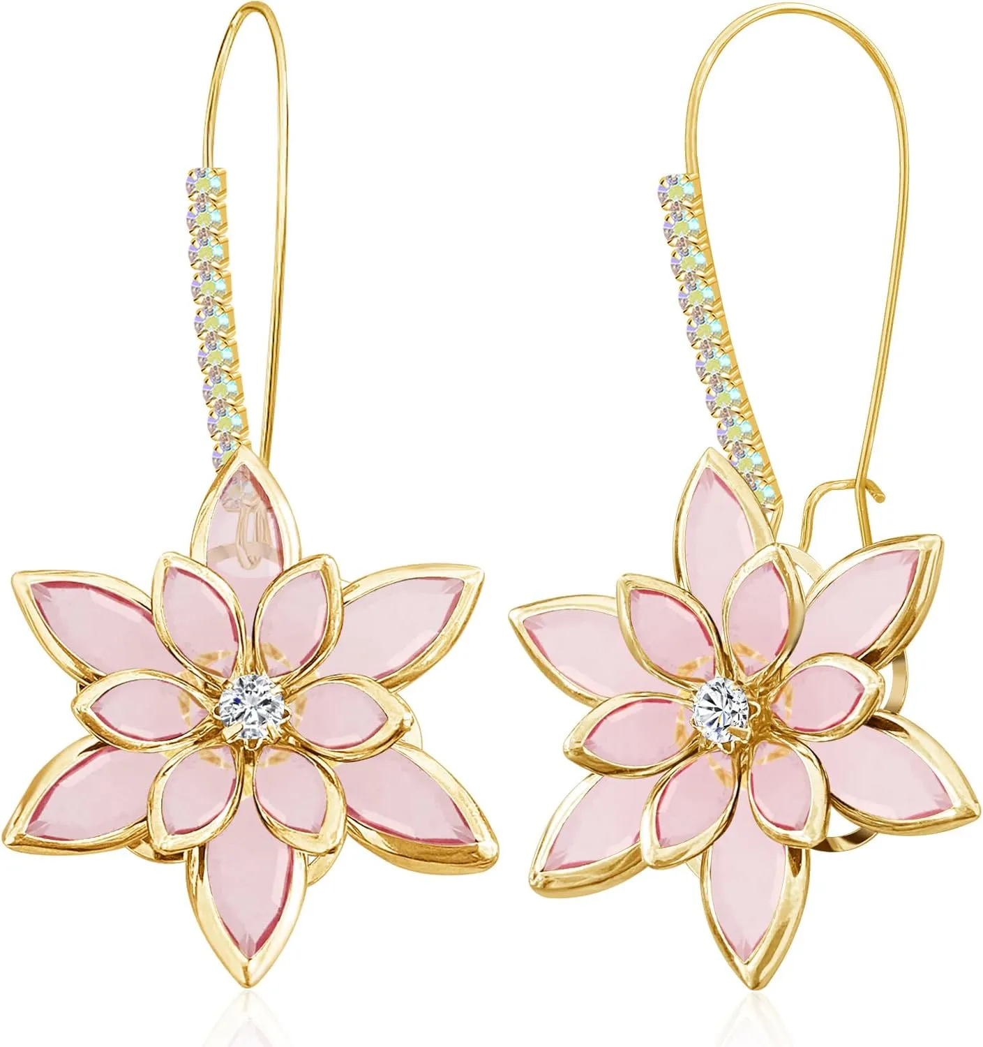 Handmade Bohemian 14k Gold Crystal Snowflake Dangle Drop Earrings Long Sparkly Rhinestone Flower Floral Hoop leverback Earrings For Women