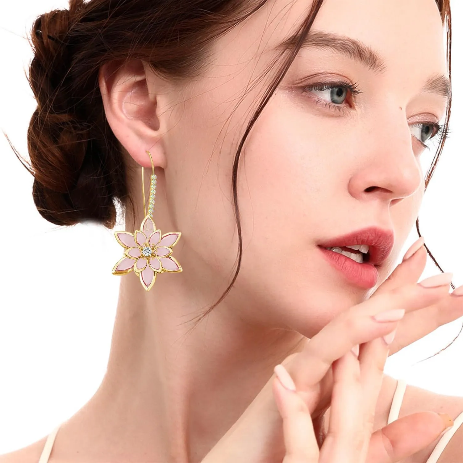 Handmade Bohemian 14k Gold Crystal Snowflake Dangle Drop Earrings Long Sparkly Rhinestone Flower Floral Hoop leverback Earrings For Women