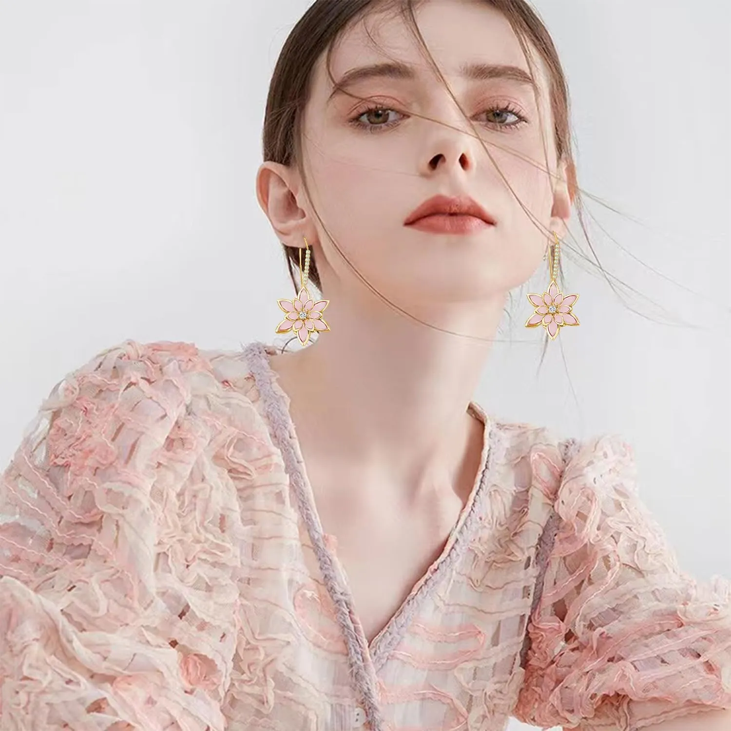 Handmade Bohemian 14k Gold Crystal Snowflake Dangle Drop Earrings Long Sparkly Rhinestone Flower Floral Hoop leverback Earrings For Women