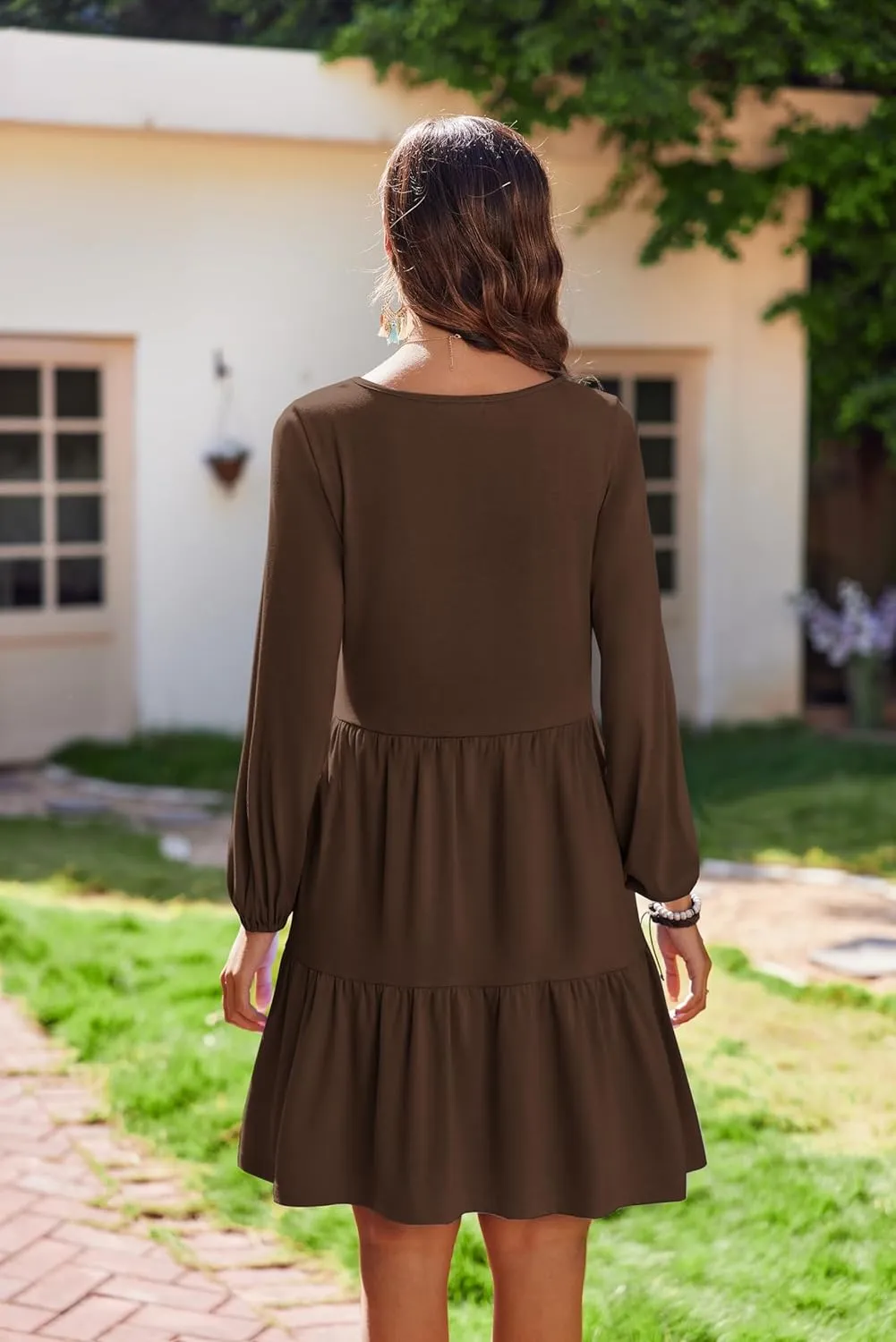 HOTOUCH Women Casual Tunic Dress V Neck Tiered Dress Long Sleeve Fit Swing Shift Dress with Pockets Loose Ruffled Dresses