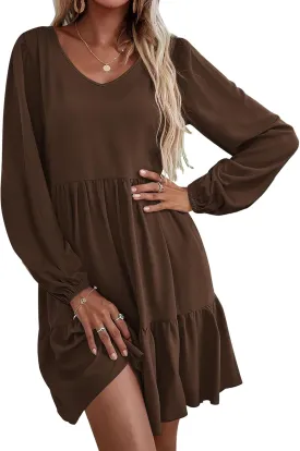 HOTOUCH Women Casual Tunic Dress V Neck Tiered Dress Long Sleeve Fit Swing Shift Dress with Pockets Loose Ruffled Dresses