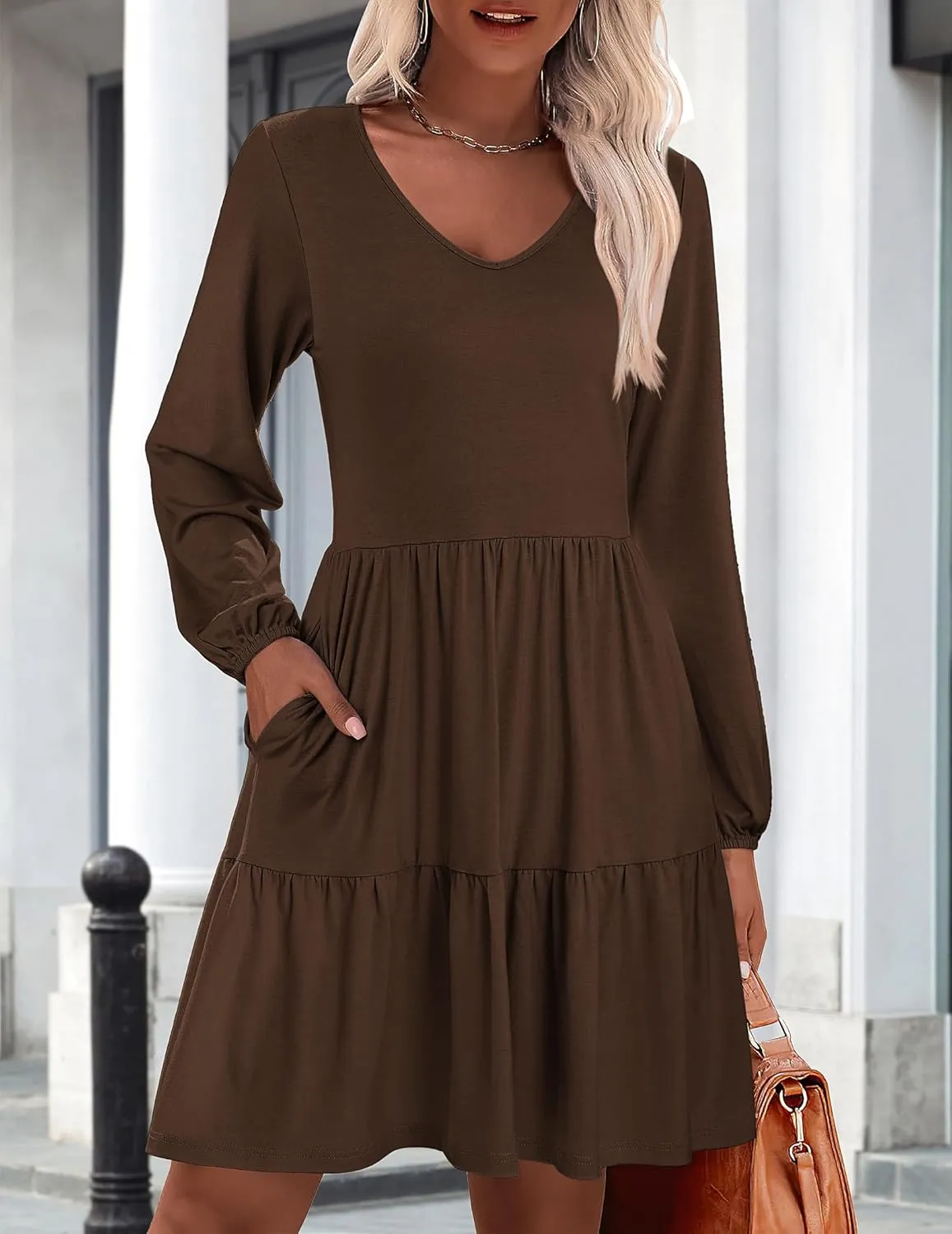 HOTOUCH Women Casual Tunic Dress V Neck Tiered Dress Long Sleeve Fit Swing Shift Dress with Pockets Loose Ruffled Dresses