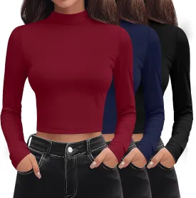 Huukeay 3 Pack Women's Mock Neck Long Sleeve Tight Shirts, Slim Fitted Crop Top Turtleneck Base Layer Tee Fall Y2k Tops