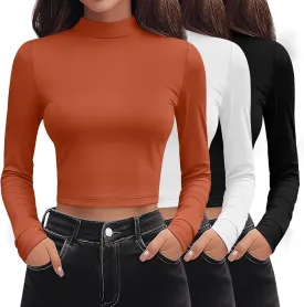 Huukeay 3 Pack Women's Mock Neck Long Sleeve Tight Shirts, Slim Fitted Crop Top Turtleneck Base Layer Tee Fall Y2k Tops