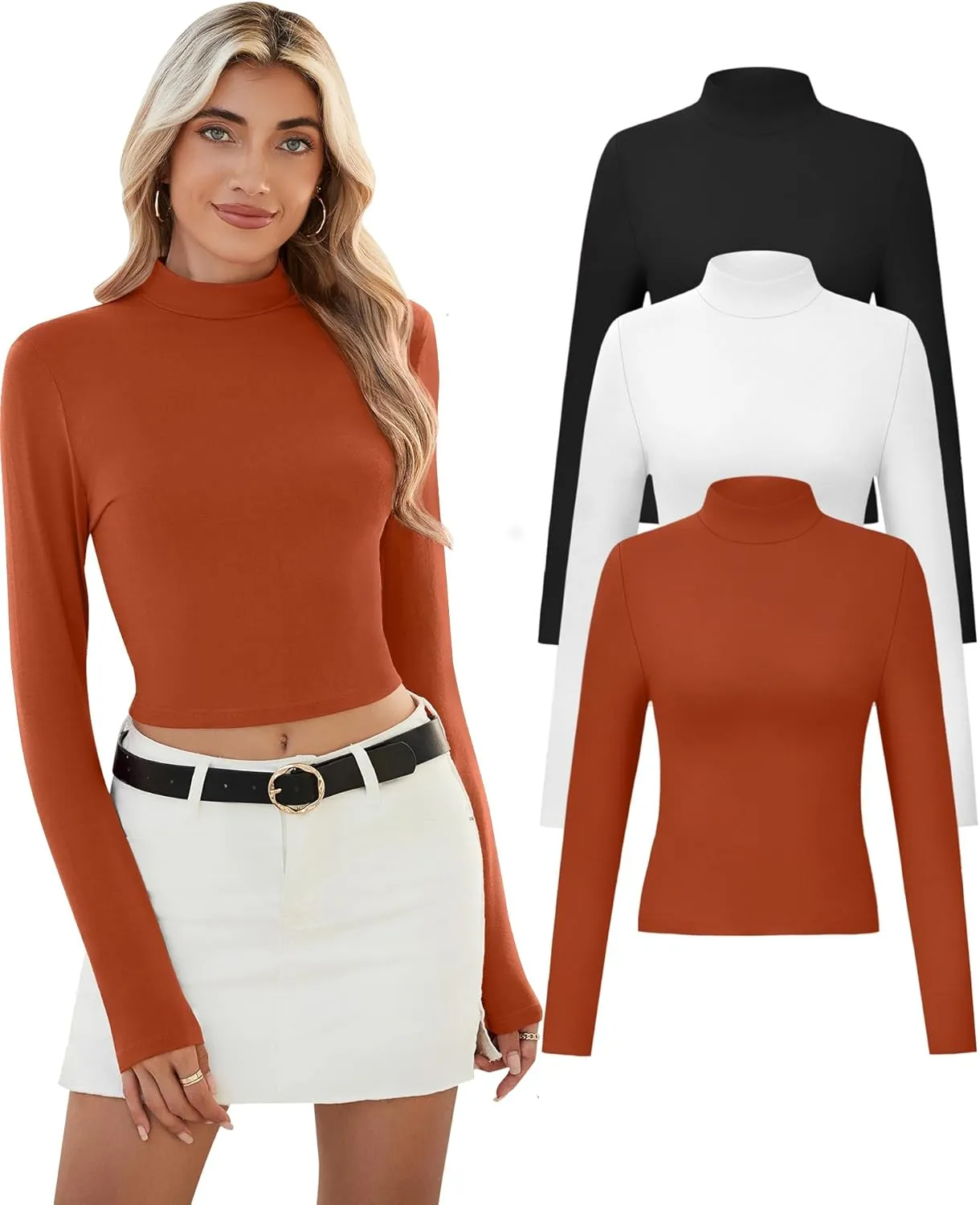 Huukeay 3 Pack Women's Mock Neck Long Sleeve Tight Shirts, Slim Fitted Crop Top Turtleneck Base Layer Tee Fall Y2k Tops