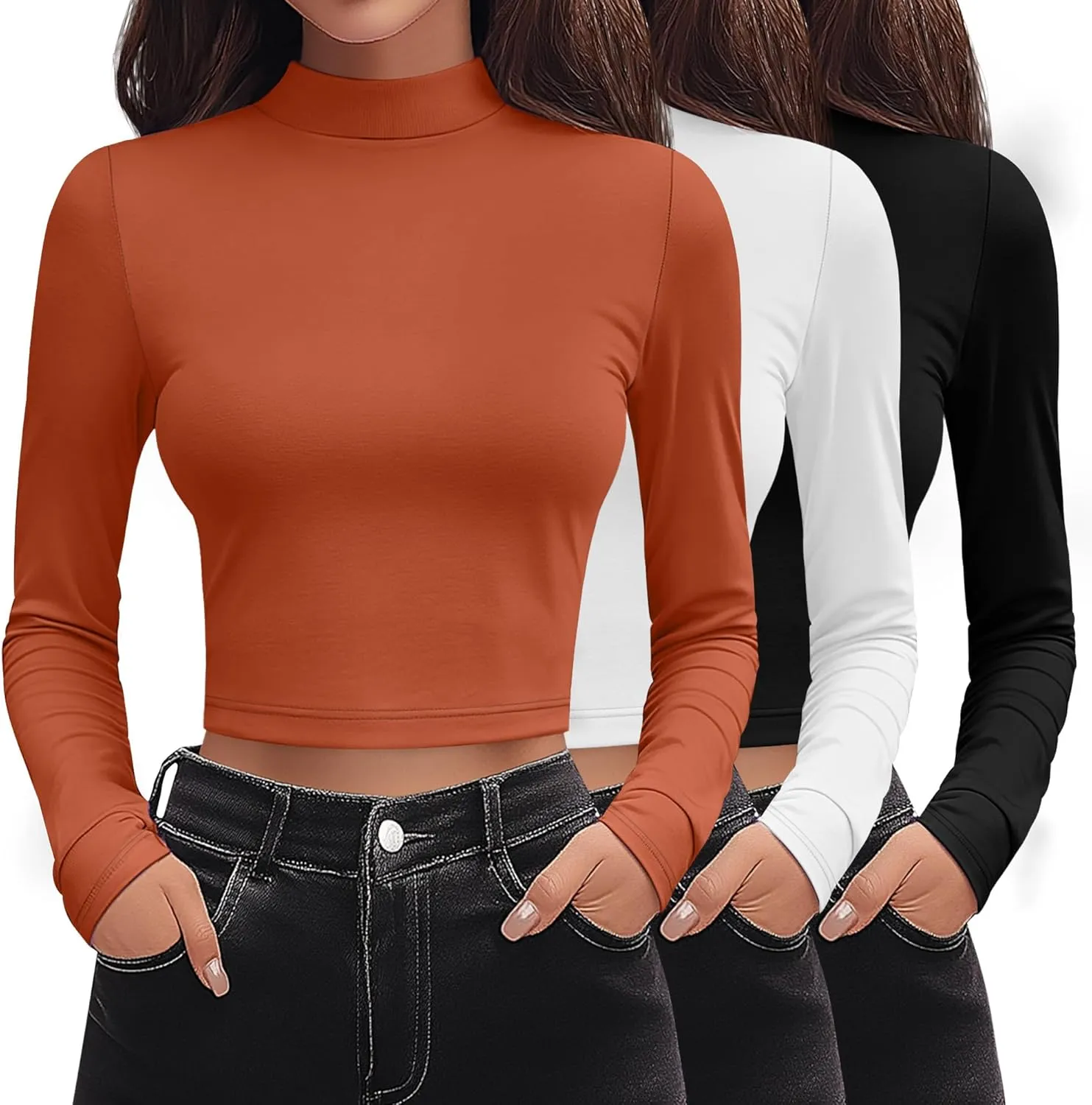 Huukeay 3 Pack Women's Mock Neck Long Sleeve Tight Shirts, Slim Fitted Crop Top Turtleneck Base Layer Tee Fall Y2k Tops