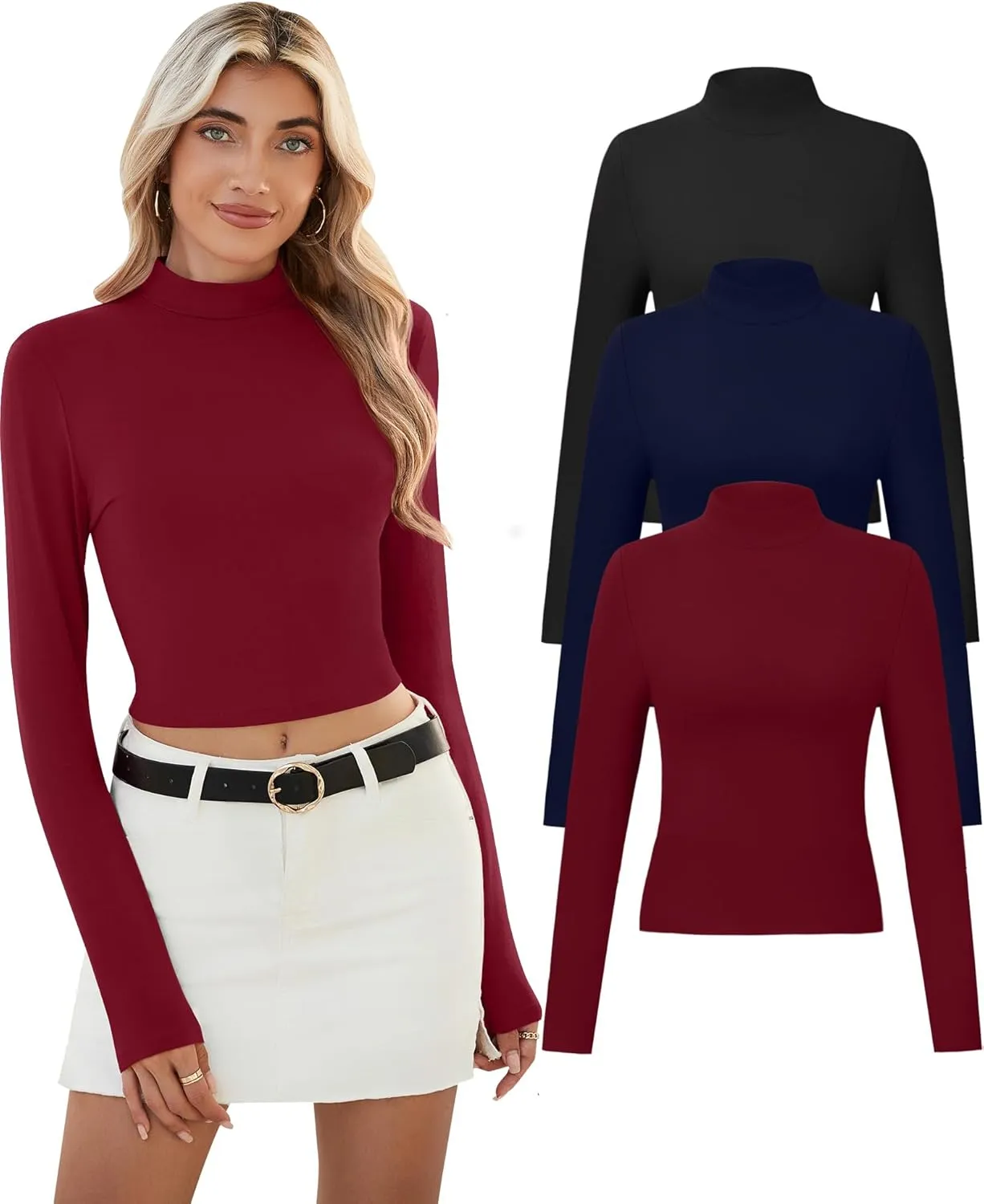Huukeay 3 Pack Women's Mock Neck Long Sleeve Tight Shirts, Slim Fitted Crop Top Turtleneck Base Layer Tee Fall Y2k Tops
