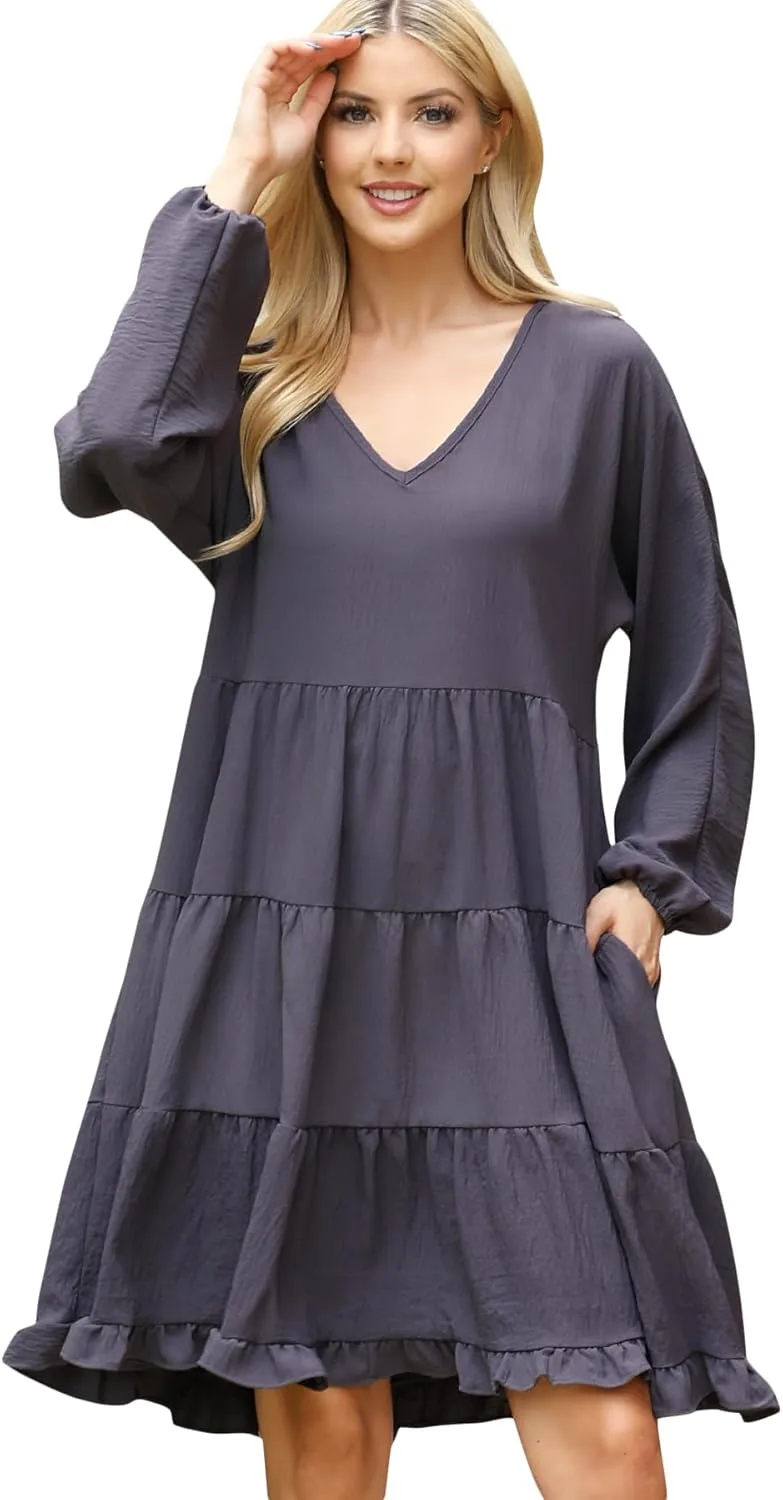 Jersey Shirred Tiered Ruffle Hem Midi Swing Dress - Pleated Flare Tunic Short, 3/4 Sleeve, Sleeveless Floral