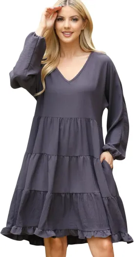 Jersey Shirred Tiered Ruffle Hem Midi Swing Dress - Pleated Flare Tunic Short, 3/4 Sleeve, Sleeveless Floral