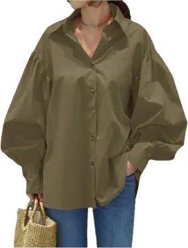LYANER Women's Collar V Neck Lantern Long Sleeve Blouse Button Dwon Loose Shirt Top