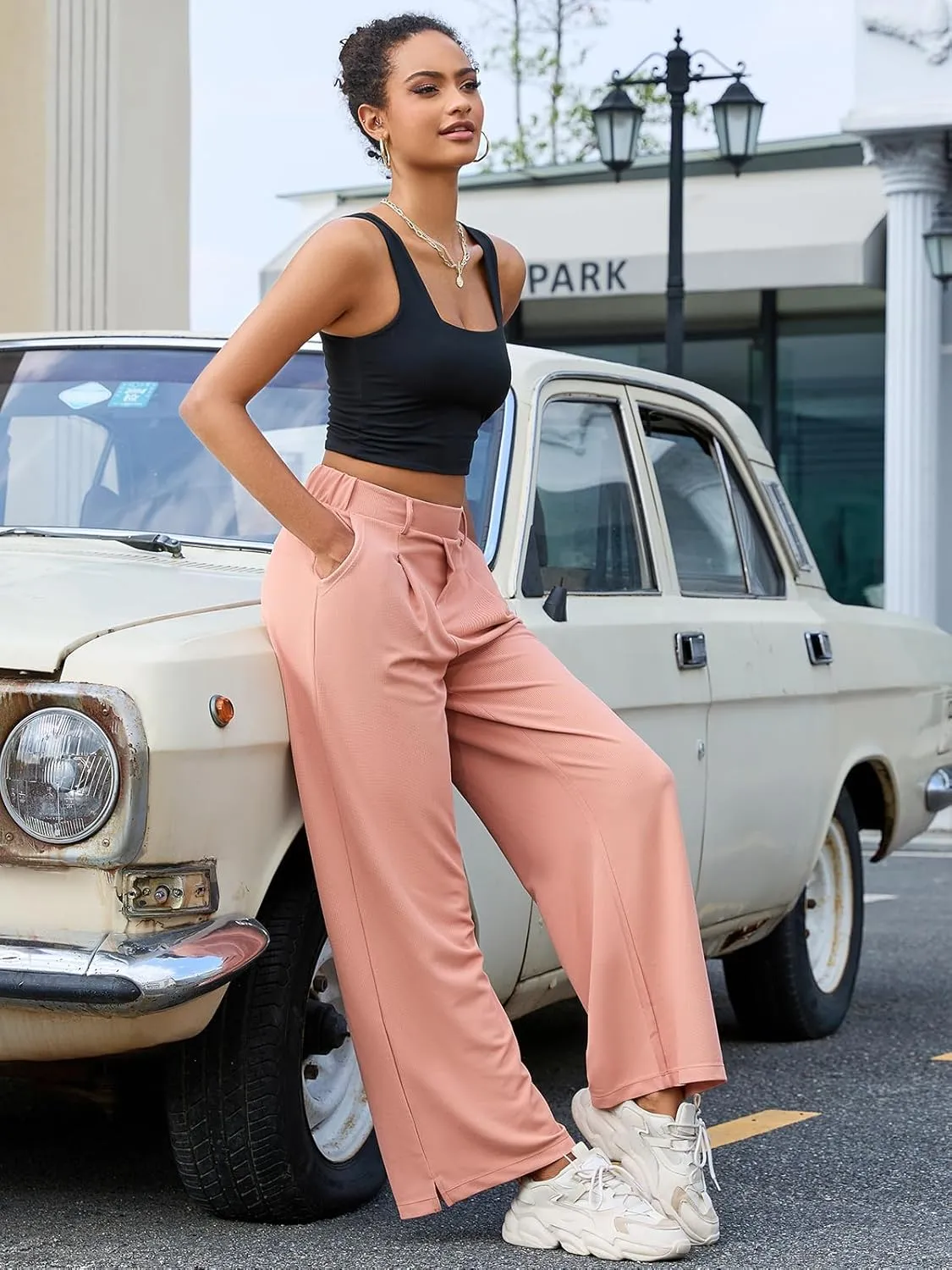 M MOTEEPI Women's Wide Leg Waffle Knit Pants with Pockets 29" Inseam Ladies Slacks for Dressy Casual,Business, Work, Lounge