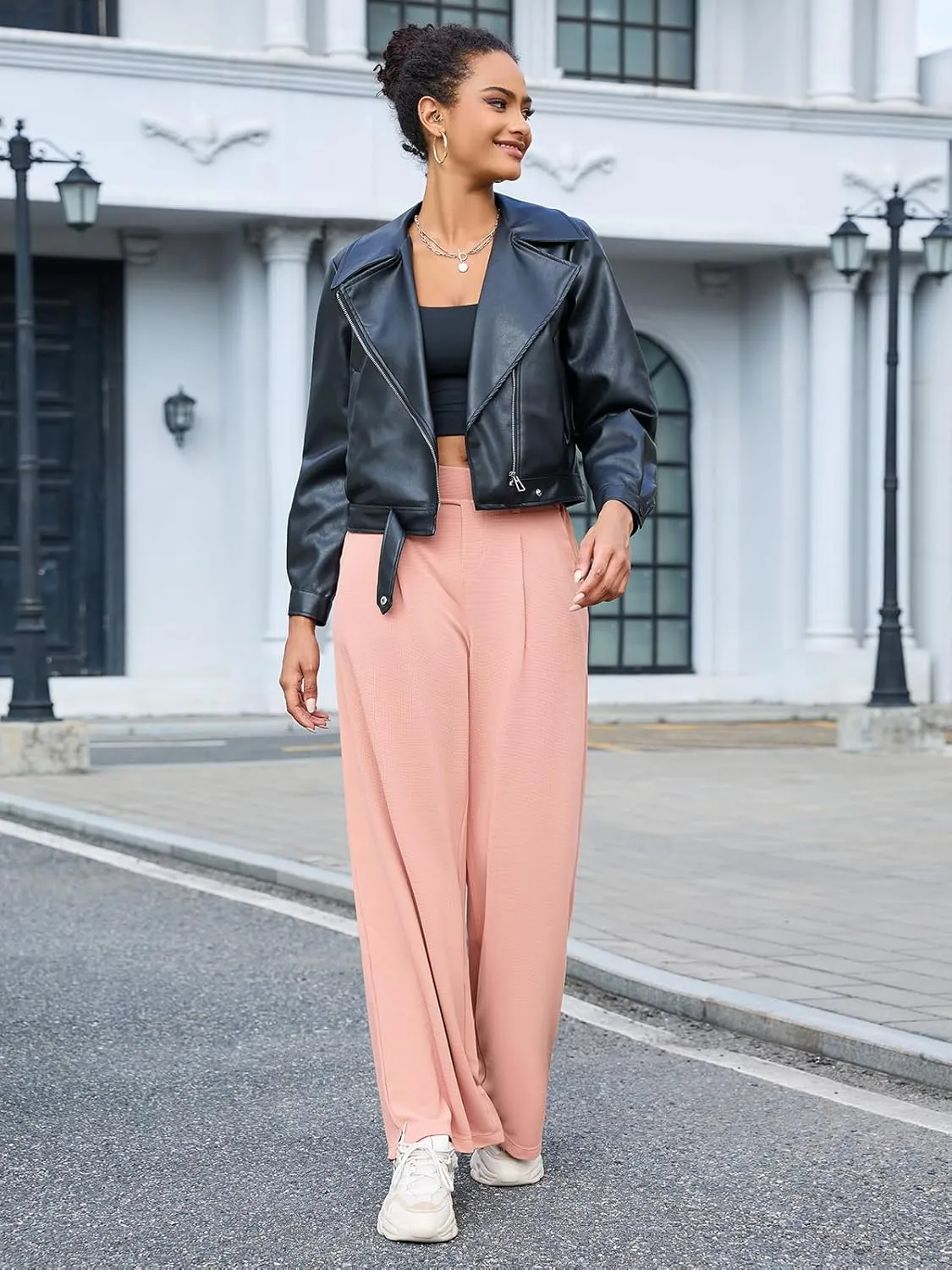 M MOTEEPI Women's Wide Leg Waffle Knit Pants with Pockets 29" Inseam Ladies Slacks for Dressy Casual,Business, Work, Lounge