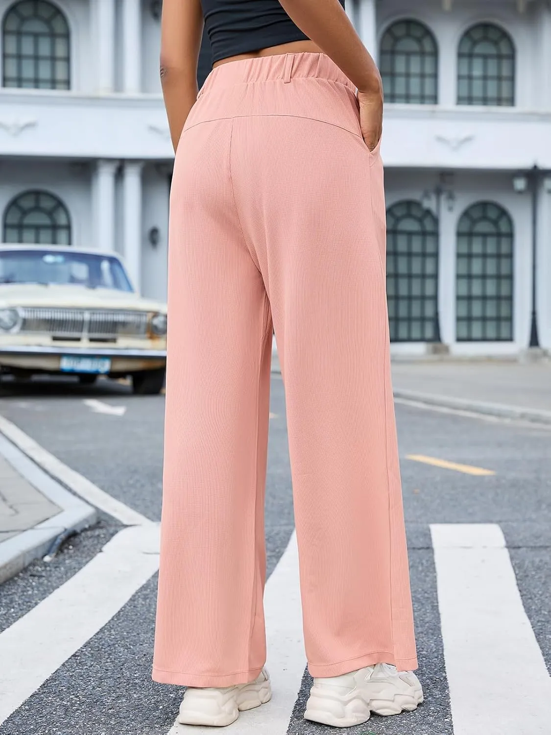 M MOTEEPI Women's Wide Leg Waffle Knit Pants with Pockets 29" Inseam Ladies Slacks for Dressy Casual,Business, Work, Lounge