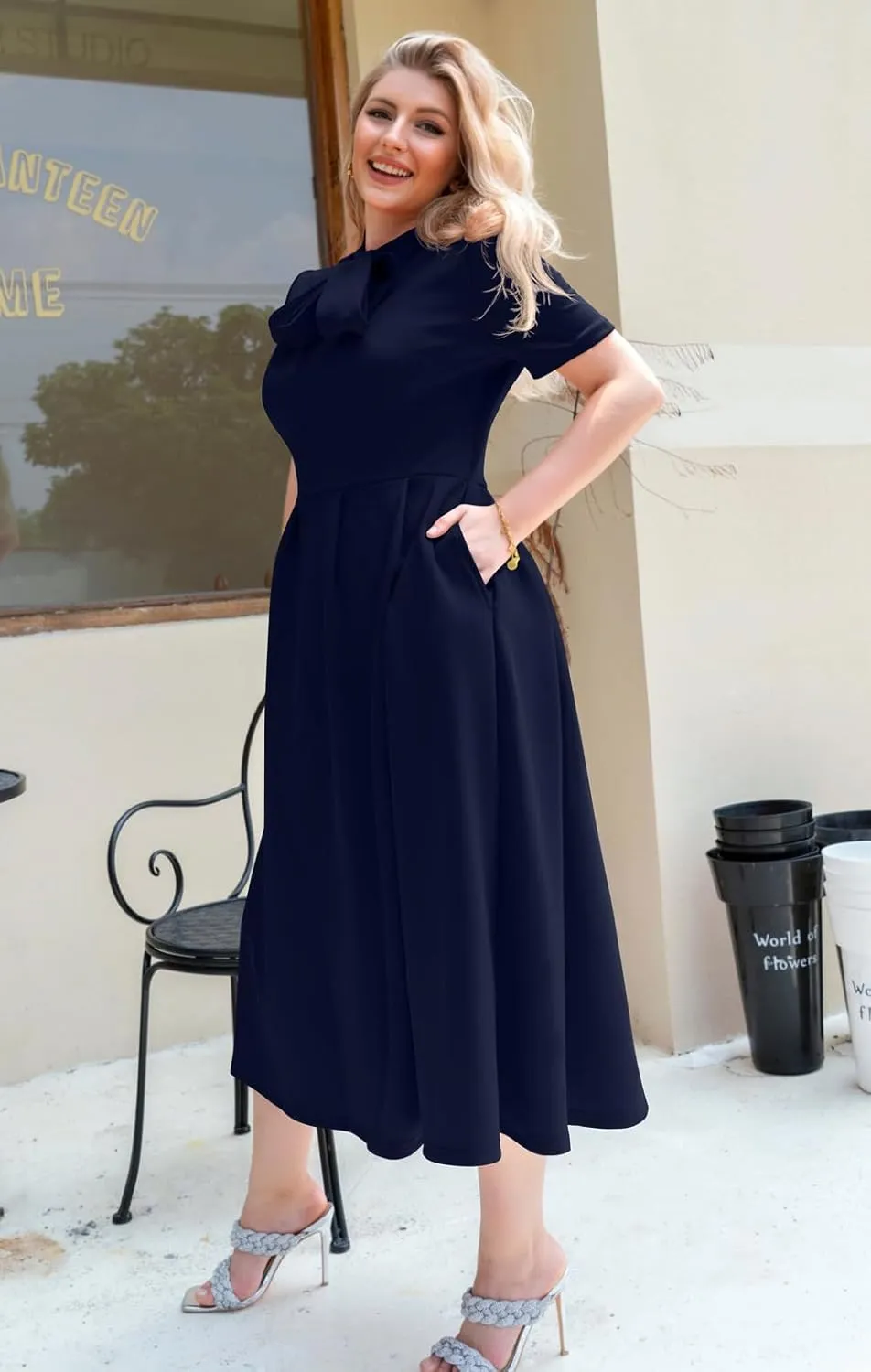 Memoriesea Women's Elegant Casual Short Sleeve Work Party A-Line Dress with Pockets