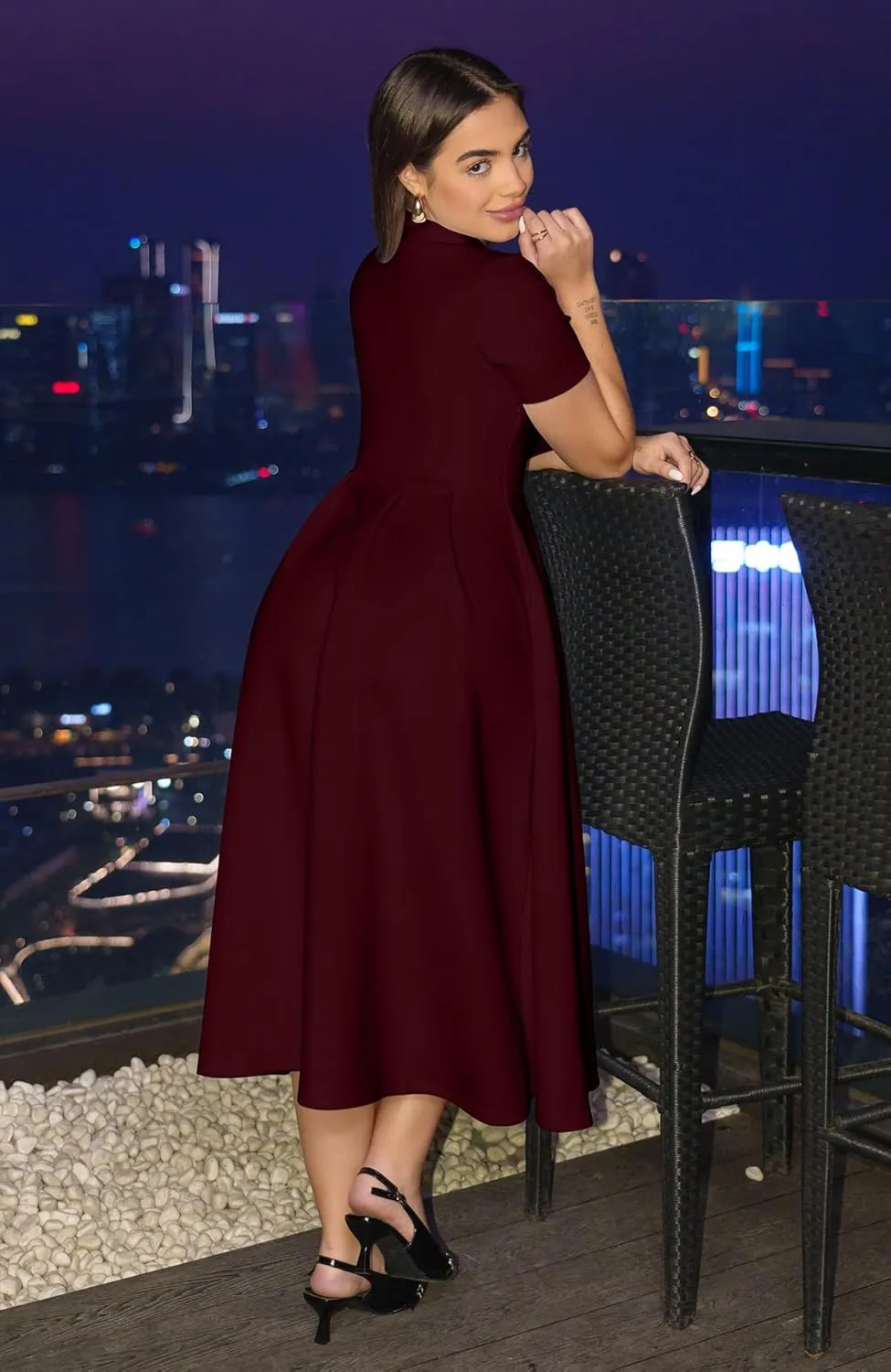Memoriesea Women's Elegant Casual Short Sleeve Work Party A-Line Dress with Pockets