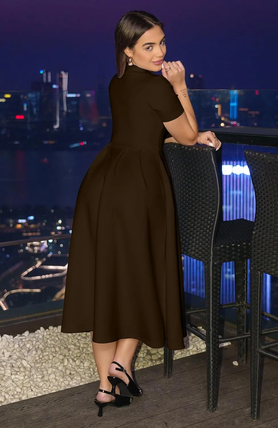 Memoriesea Women's Elegant Casual Short Sleeve Work Party A-Line Dress with Pockets