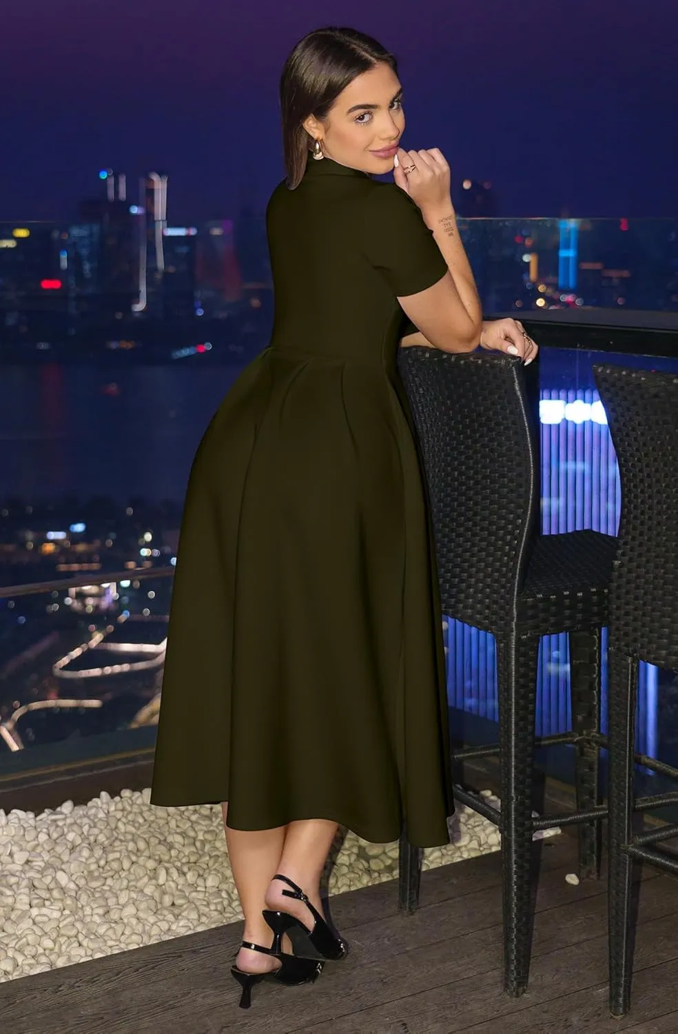 Memoriesea Women's Elegant Casual Short Sleeve Work Party A-Line Dress with Pockets